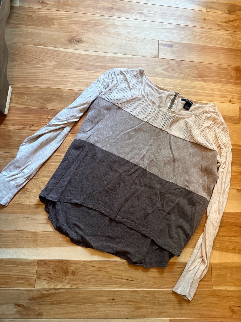 DKNY Lightweight Colorblock Long Sleeve Top - Beige and Brown